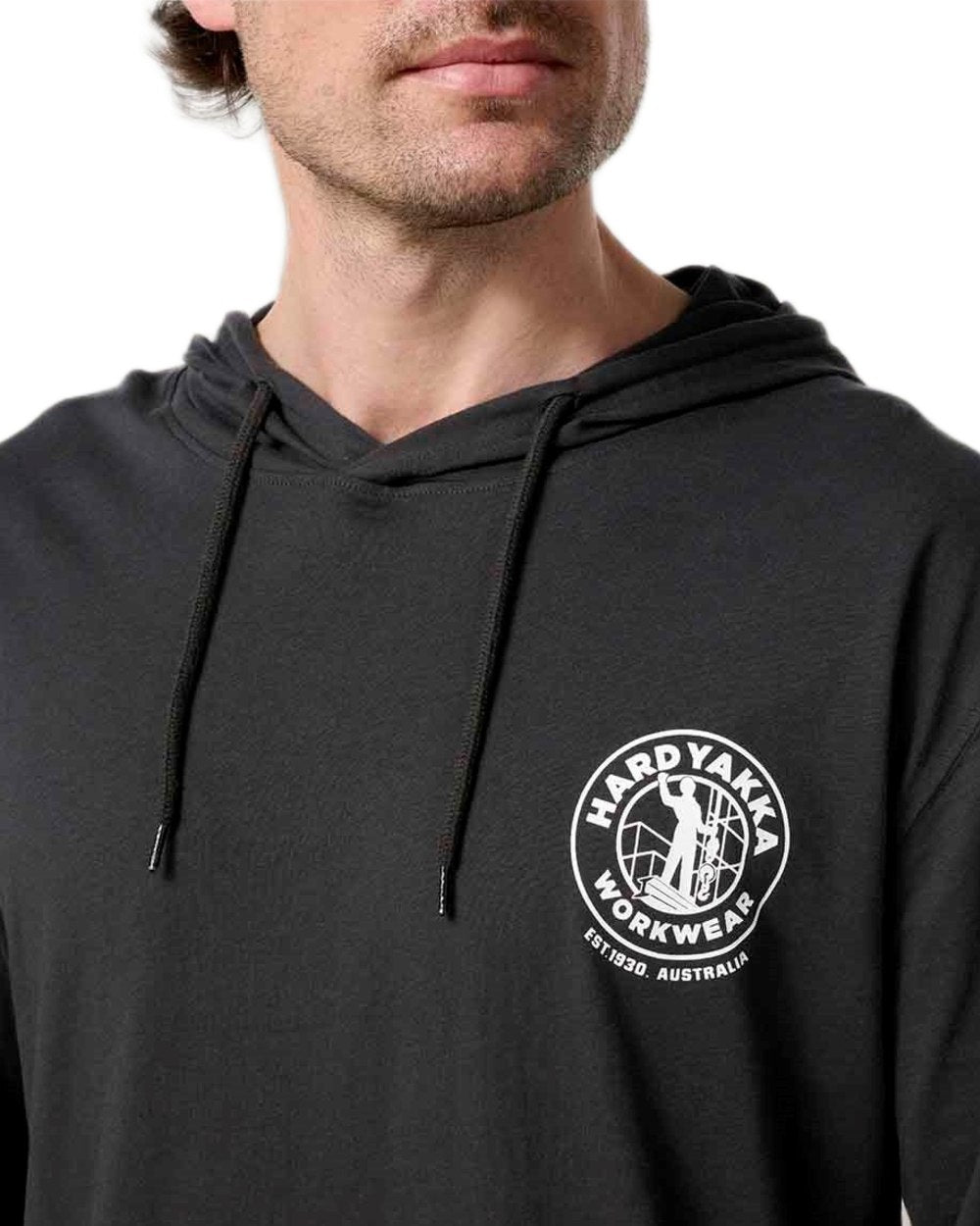 Charcoal coloured Hard Yakka Mens Heritage Icon Lightweight Hoodie on white background 
