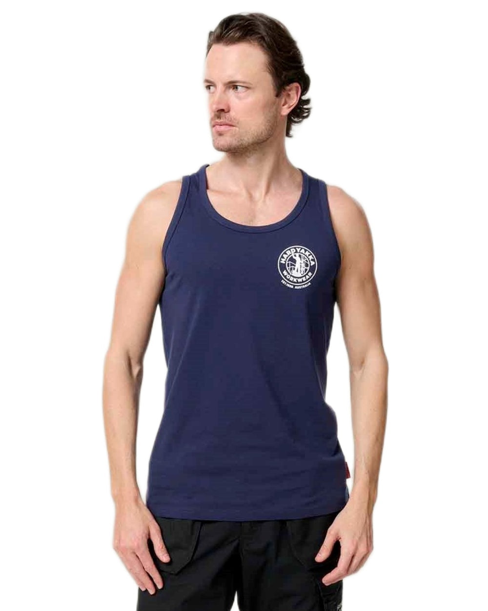 Navy coloured Hard Yakka Mens Heritage Icon Singlet on white background