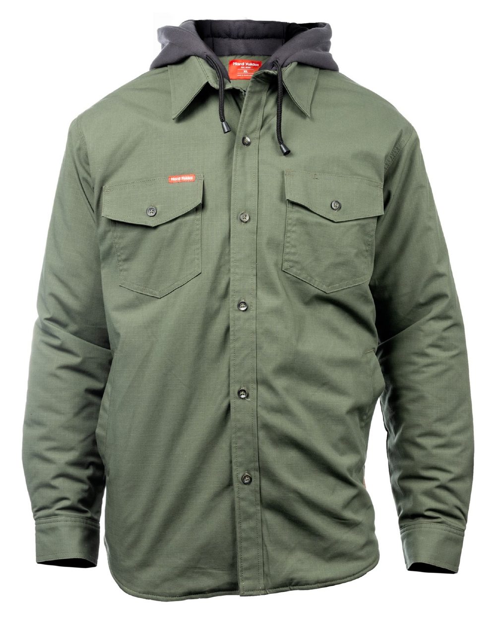 Military Green coloured Hard Yakka Mens Quilted Solid Shacket on white background 