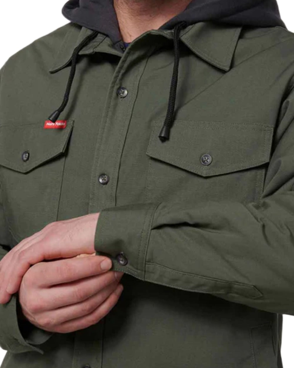 Military Green coloured Hard Yakka Mens Quilted Solid Shacket on white background 