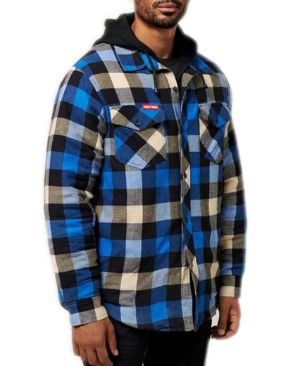 Blue Coloured Hard Yakka Mens Quilted Flannel Shacket on White Background 