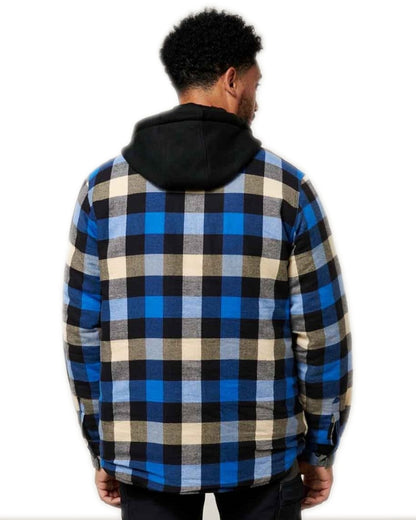 Blue Coloured Hard Yakka Mens Quilted Flannel Shacket on White Background 