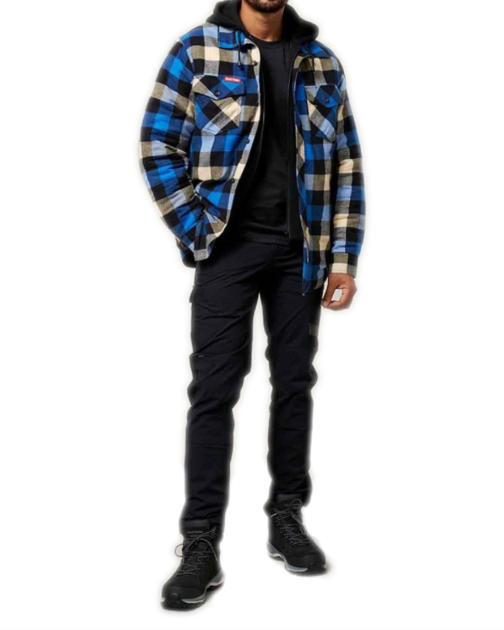 Blue Coloured Hard Yakka Mens Quilted Flannel Shacket on White Background 
