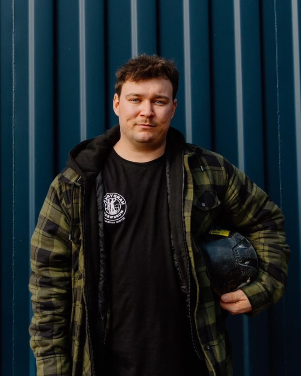 Fern Coloured Hard Yakka Mens Quilted Flannel Shacket on Blue Background 