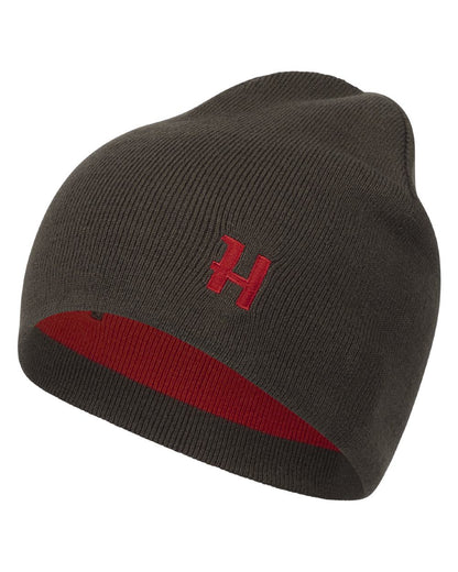 Shadow Brown Red Coloured Harkila Aspire Reversible Beanie on white background 