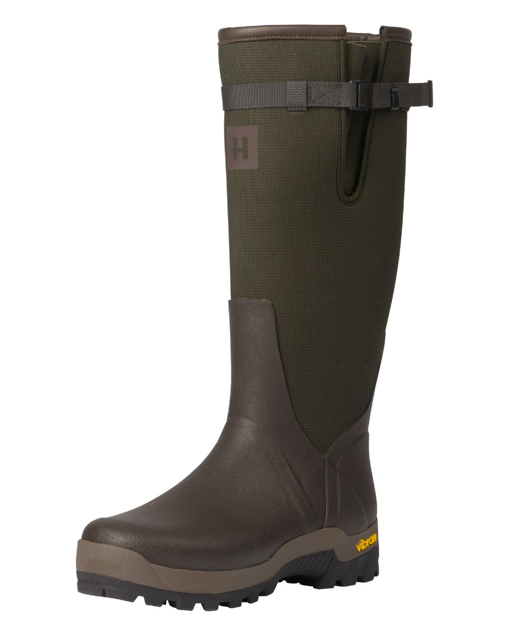 Willow Green Deep Brown Coloured Harkila Forester Zip Rubber Boot on white background 