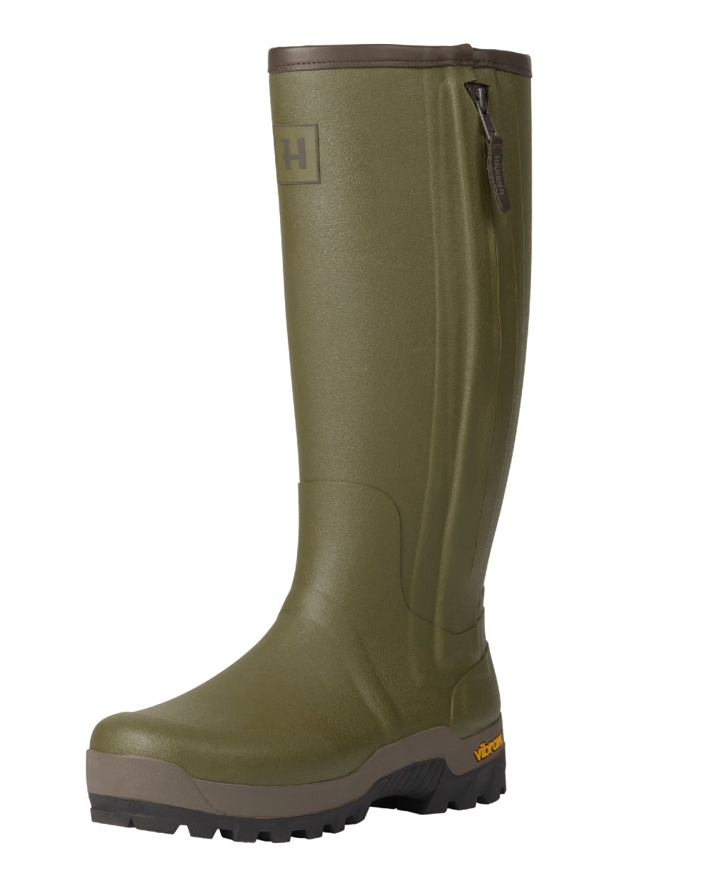 Dark Olive Coloured Harkila Forester Zip Rubber Boot on white background
