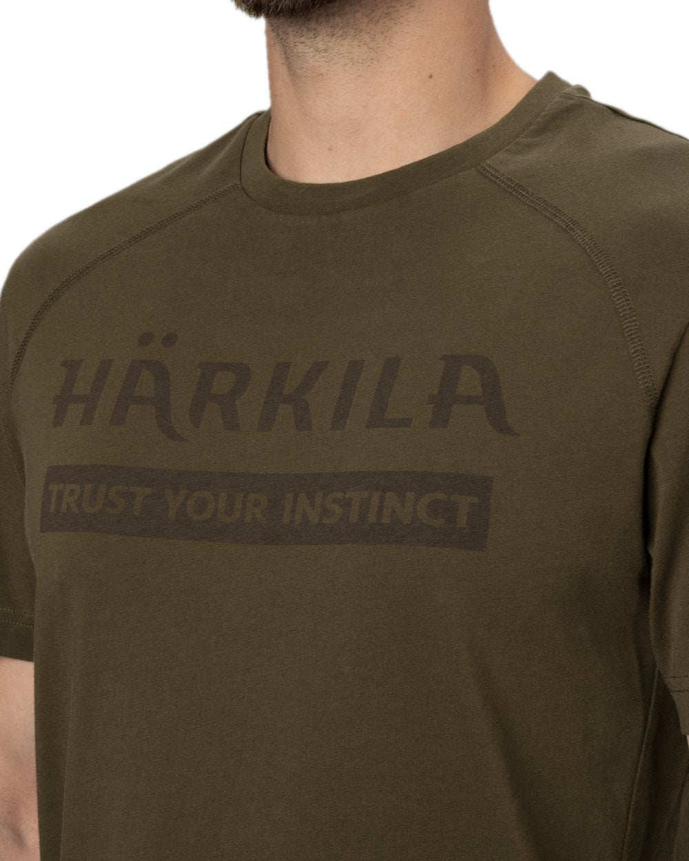 Willow Green Coloured Harkila Logo Short Sleeve T-Shirt on white background 