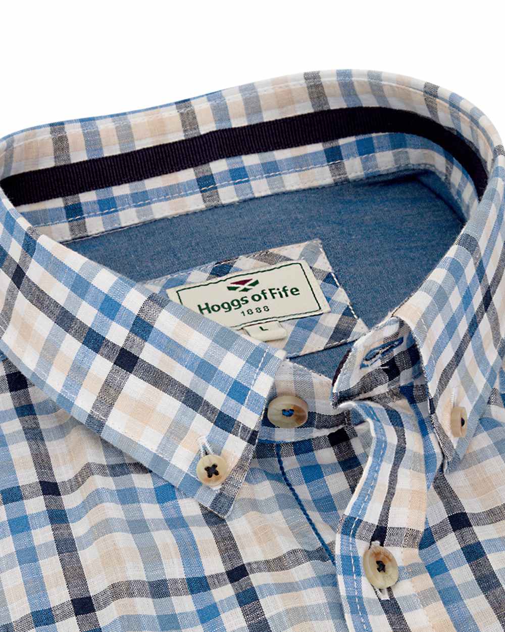 Blue Corn Coloured Hoggs of Fife Aberdour Short Sleeve Shirt on white background 