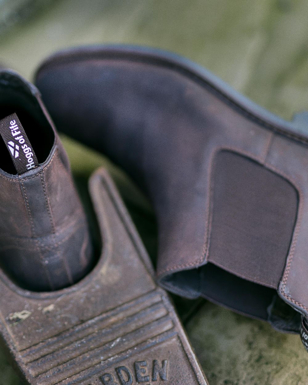 Black Coloured Hoggs of Fife Banff Country Dealer Boots on blurry background 