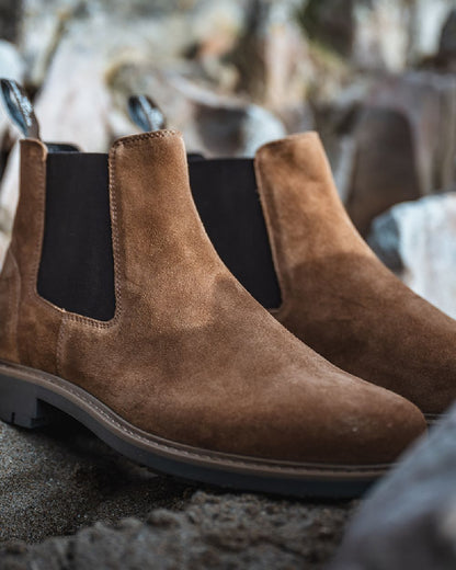 Coffee Suede Coloured Hoggs of Fife Banff Country Dealer Boots on blurry background 