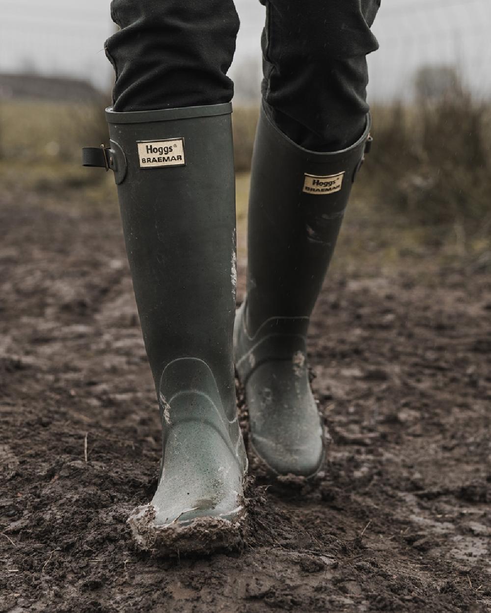 Green Coloured Hoggs of Fife Braemar Wellingtons on land background 