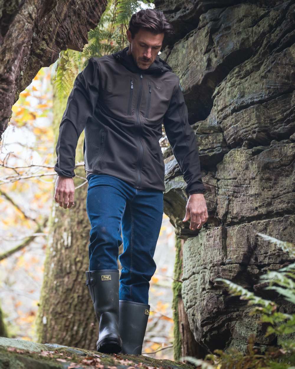Dark Indigo Coloured Hoggs of Fife Clyde Comfort Denim Jeans on outdoor background 