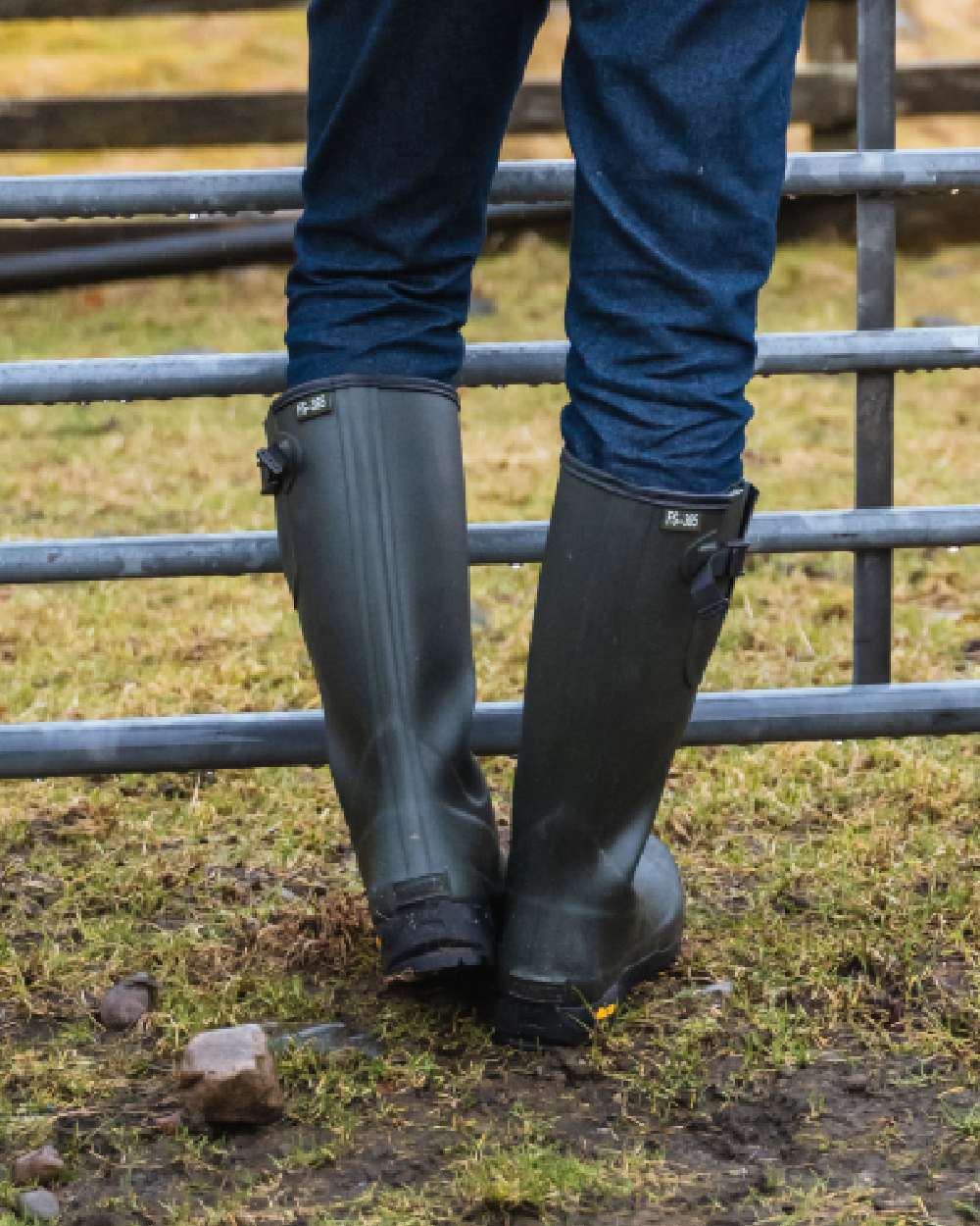 Field Green Coloured Hoggs of Fife Field Sport Neoprene Lined Wellingtons on countryside background 