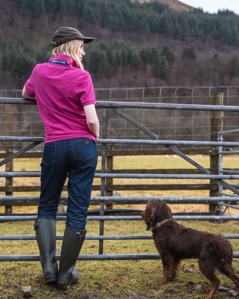 Field Green Coloured Hoggs of Fife Field Sport Neoprene Lined Wellingtons on countryside background 