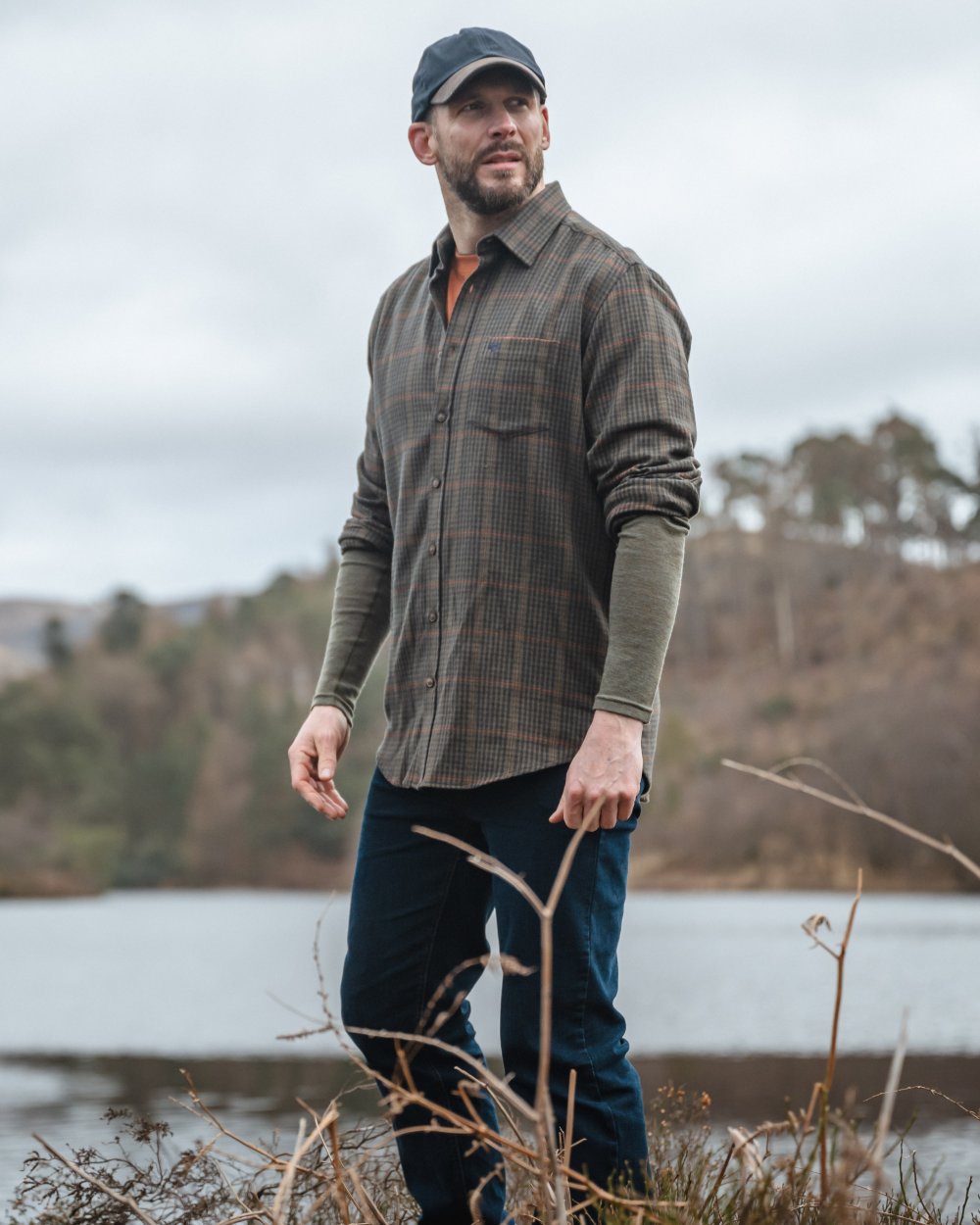 Green Coloured Hoggs of Fife Harris Cotton Twill Check Shirt on mountain background 