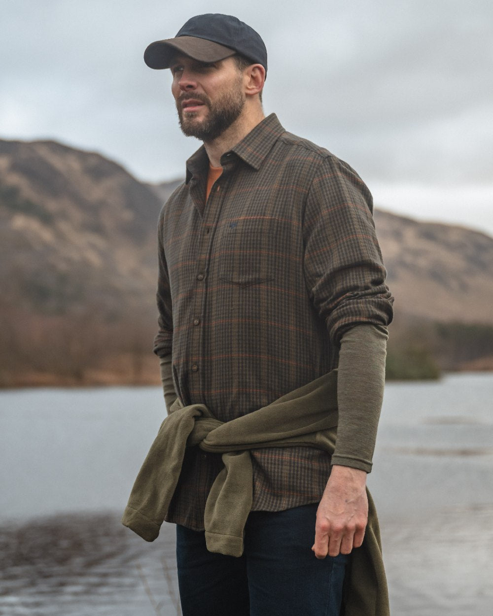 Green Coloured Hoggs of Fife Harris Cotton Twill Check Shirt on mountain background 