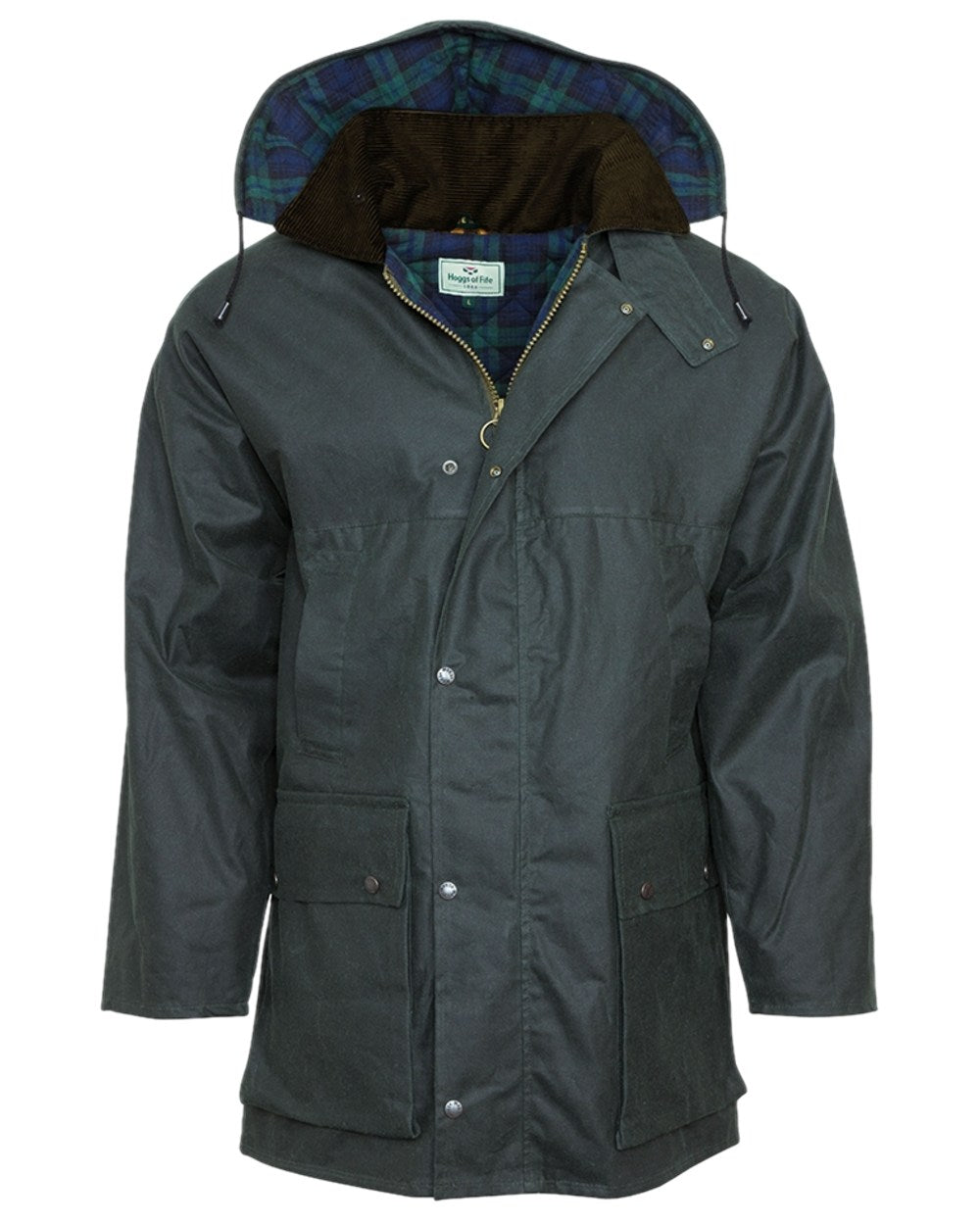 Olive Coloured Hoggs of Fife Padded Waxed Jacket on white background 