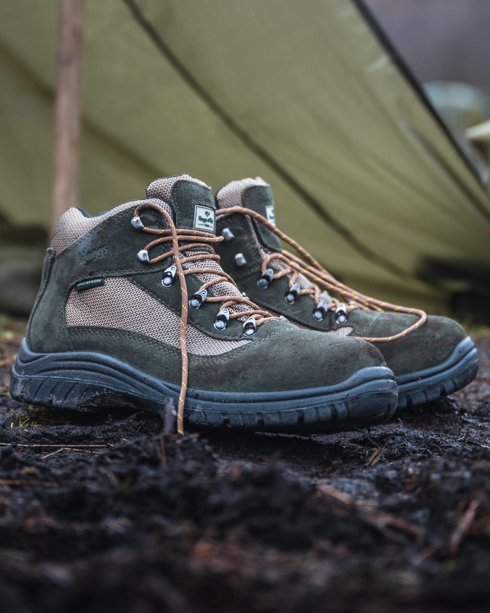 Fern Green Coloured Hoggs of Fife Rambler Waterproof Hiking Boots on  field background 