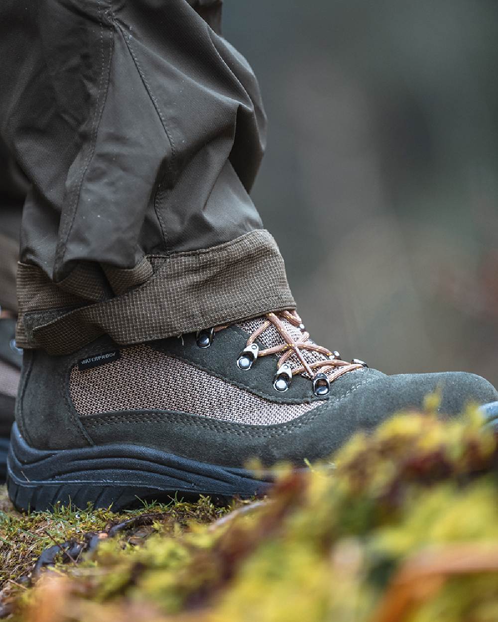 Fern Green Coloured Hoggs of Fife Rambler Waterproof Hiking Boots on  blurry background 