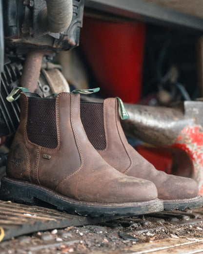 Crazy Horse Brown Coloured Hoggs of Fife Shire Pro Waterproof Dealer Boots on outdoor background 