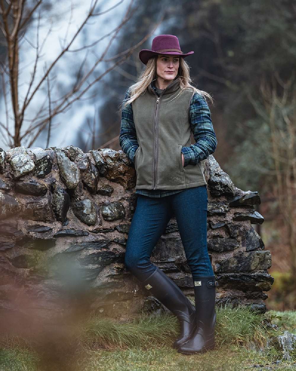 Lovat Coloured Hoggs of Fife Stenton Ladies Fleece Gilet on forest background