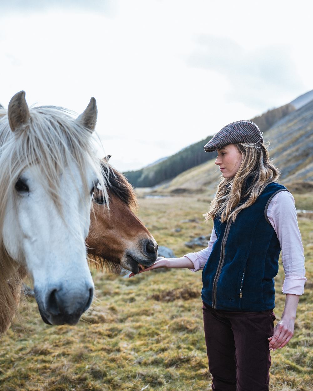 Midnight Navy Coloured Hoggs of Fife Stenton Ladies Fleece Gilet on mountain background 