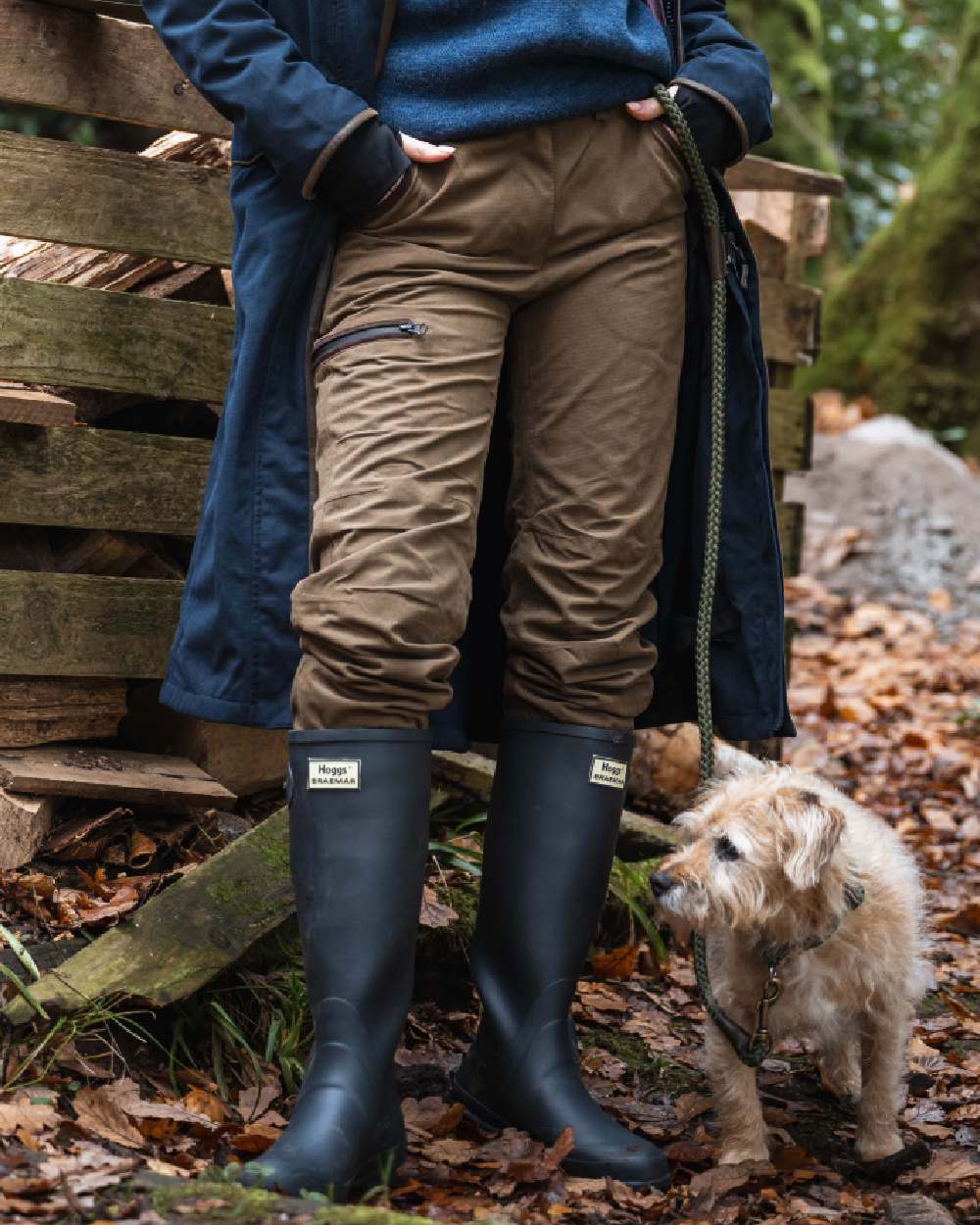 Sage Coloured Hoggs of Fife Struther Ladies Waterproof Trousers on outdoor background 