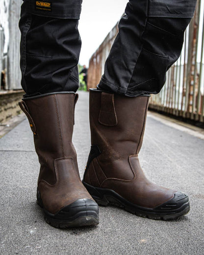 Brown Coloured Hoggs of Fife Thor Safety Rigger Boots on container background 