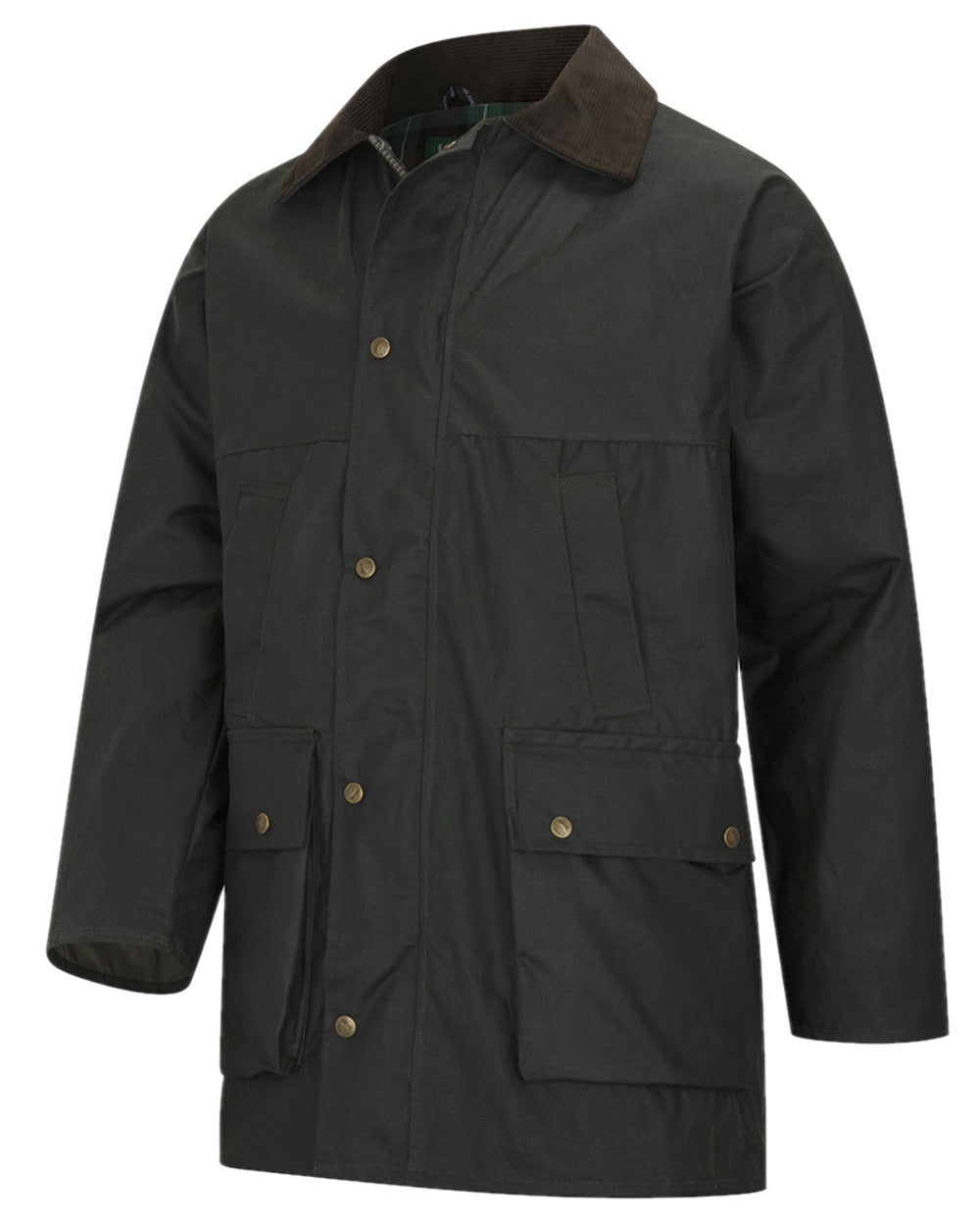 Olive Coloured Hoggs of Fife Woodsman Waxed Jacket on white background 