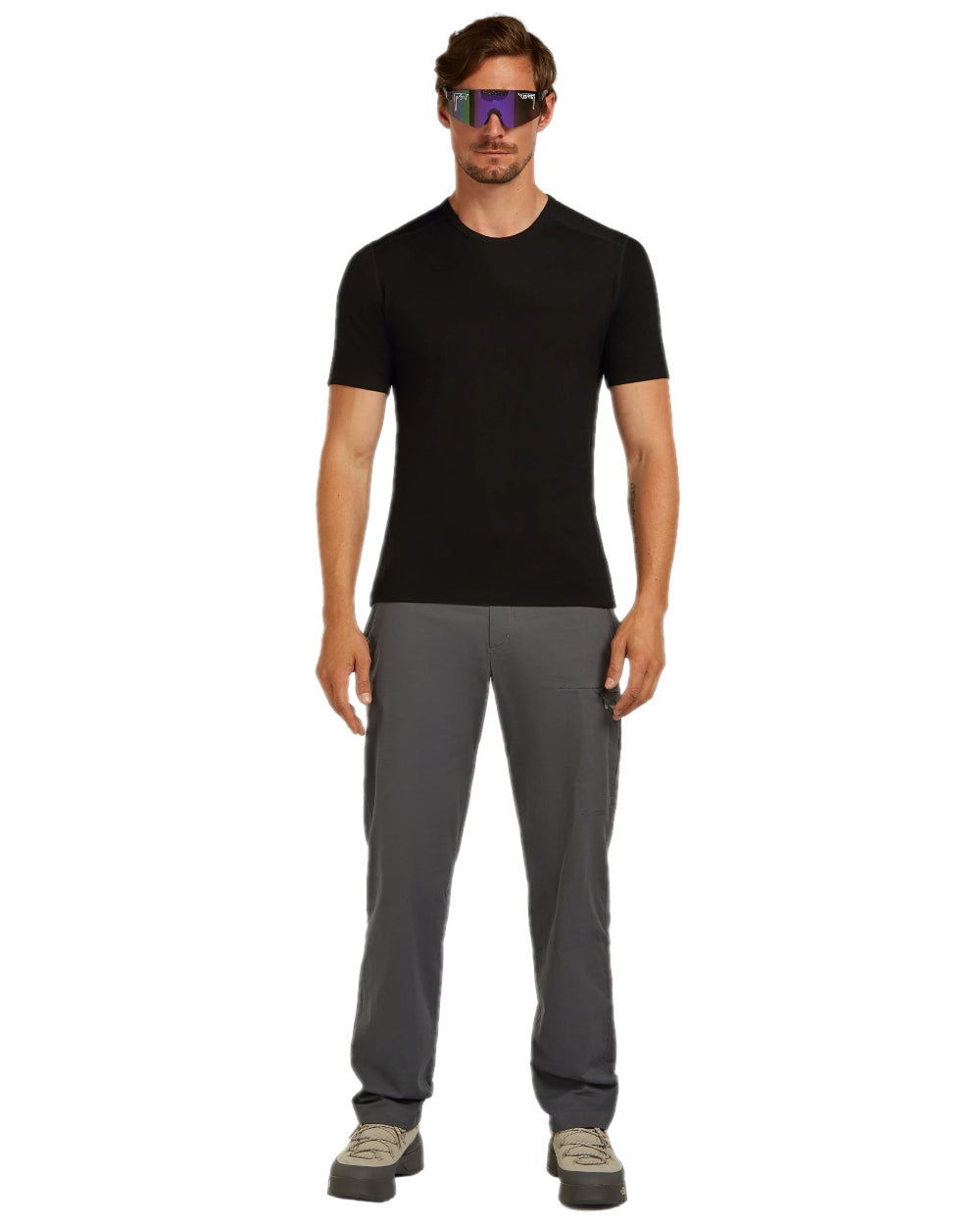 Black Coloured Icebreaker Mens Merino 200 Oasis Crew Short Sleeve Thermal Top on white background 