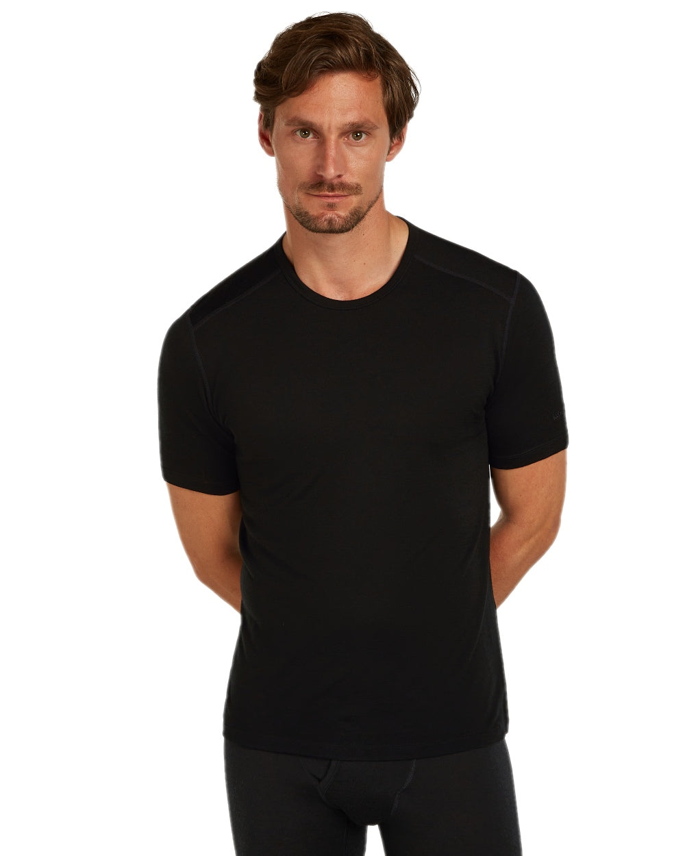 Black Coloured Icebreaker Mens Merino 200 Oasis Crew Short Sleeve Thermal Top on white background 