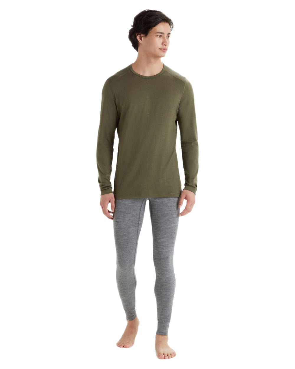 Loden Coloured Icebreaker Mens Merino 200 Oasis Crewe Thermal Top on white background 