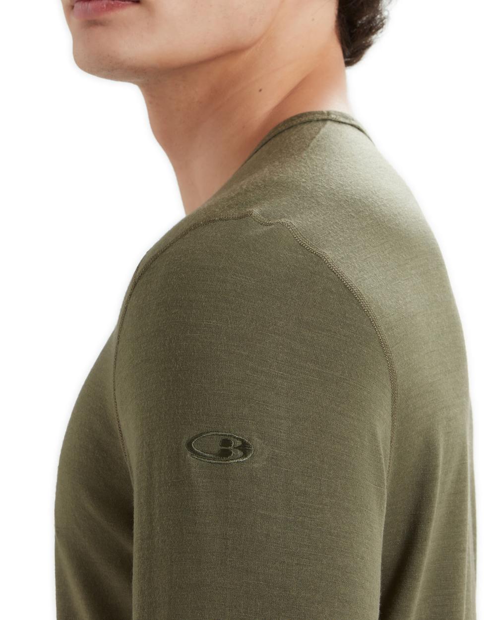 Loden Coloured Icebreaker Mens Merino 200 Oasis Crewe Thermal Top on white background 