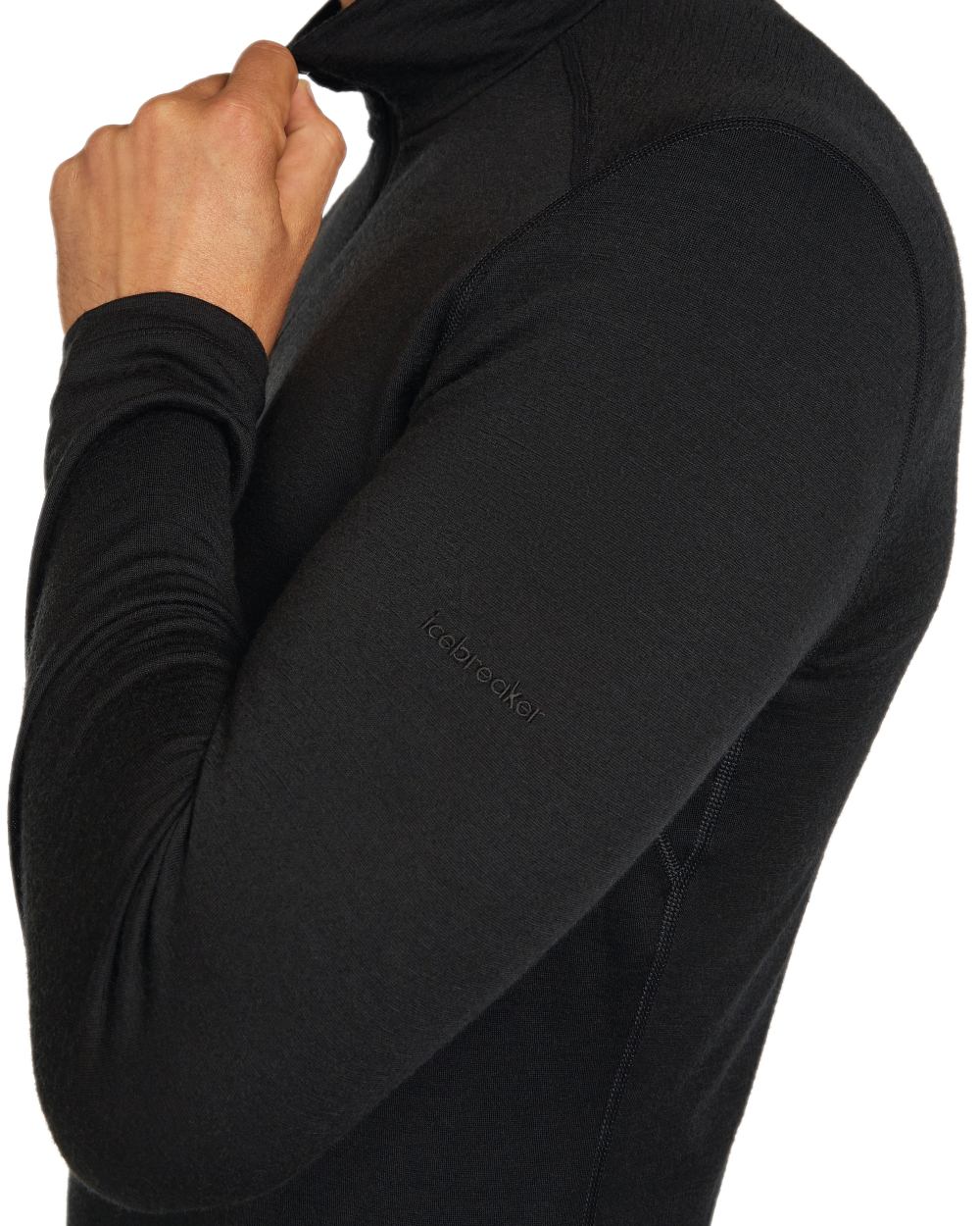 Black Coloured Icebreaker Mens Merino 200 Oasis Half Zip Thermal Top on white background 