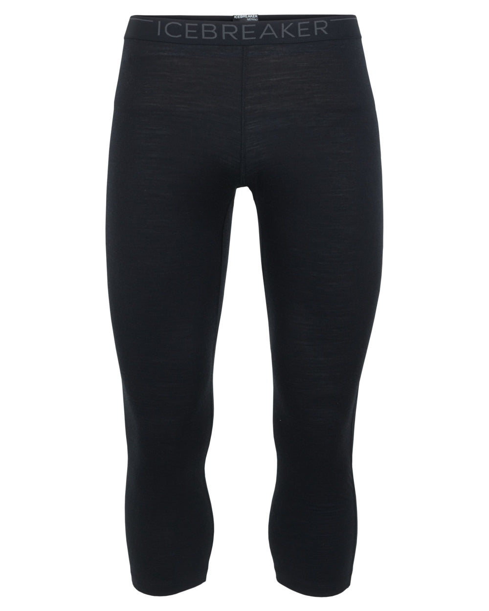 Black coloured Icebreaker Mens Merino 200 Oasis Mid Calf Thermal Leggings on white background 