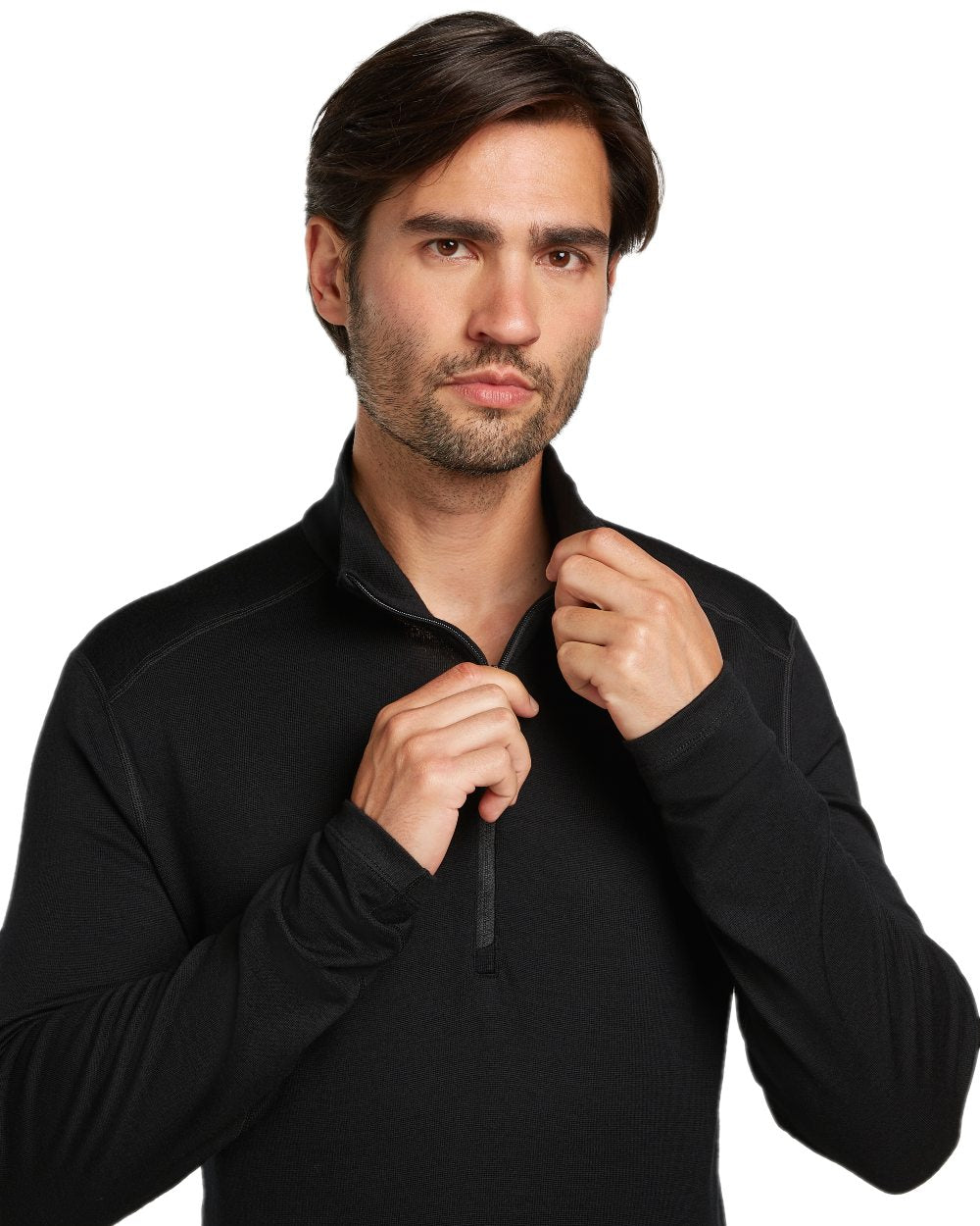 Black Coloured Icebreaker Mens Merino 260 Tech Half Zip Thermal Top on white background 