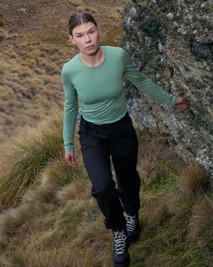 Sea Glass Coloured Icebreaker Womens Merino 200 Oasis Crewe Thermal Top on mountain background 