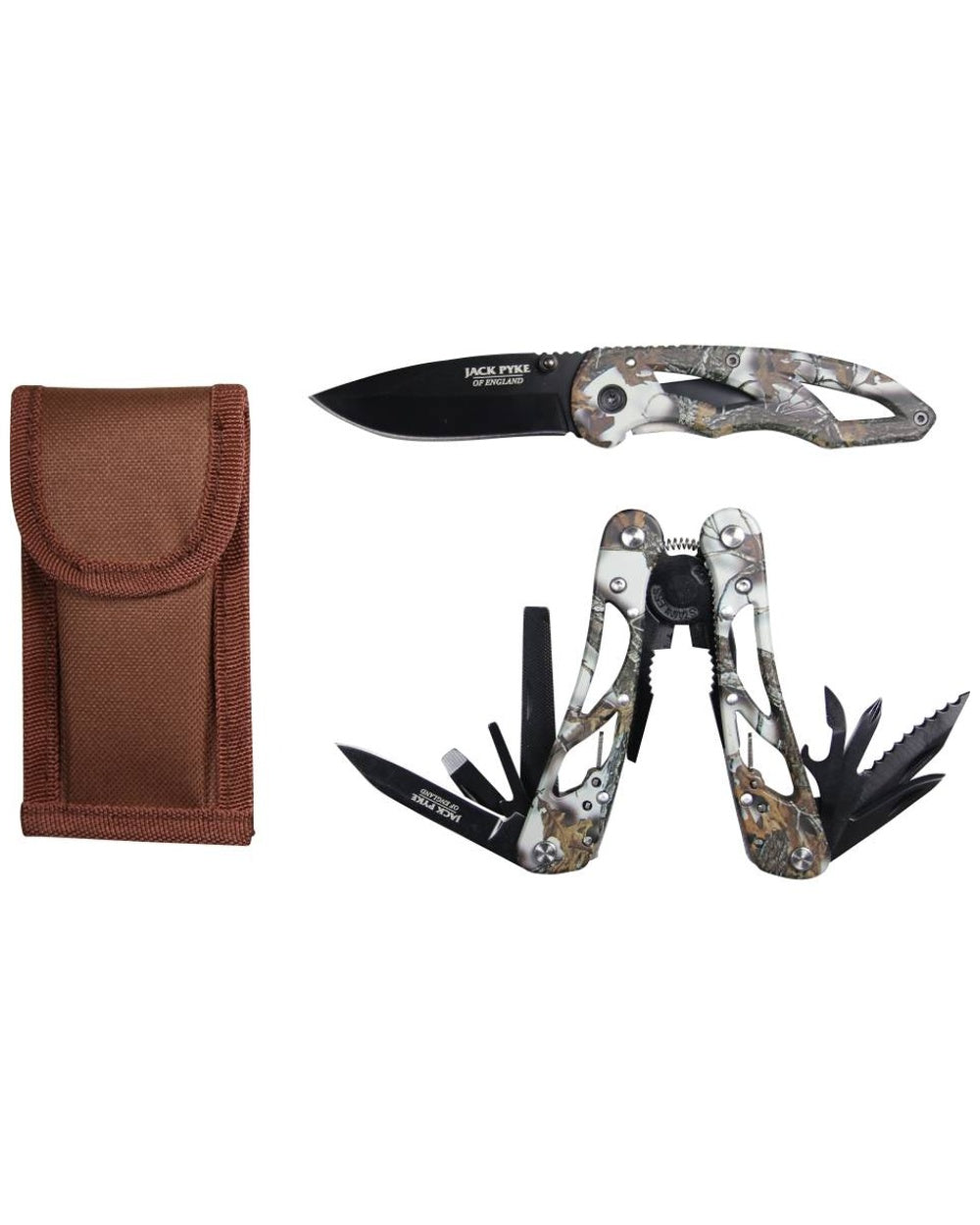 Jack Pyke Camo Multi Tool And Knife Set on white background