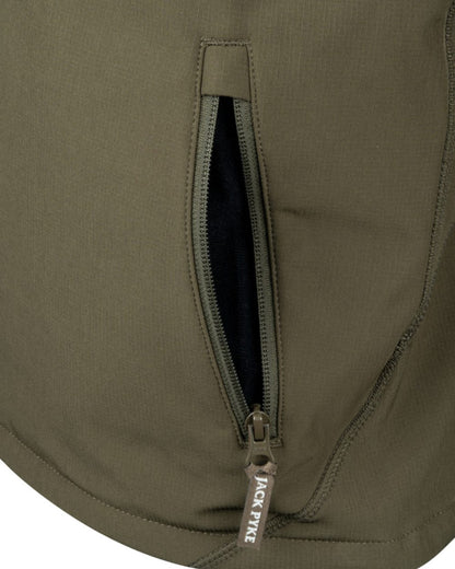 Green coloured Jack Pyke Mens Bleasdale Softshell Jacket on white background 