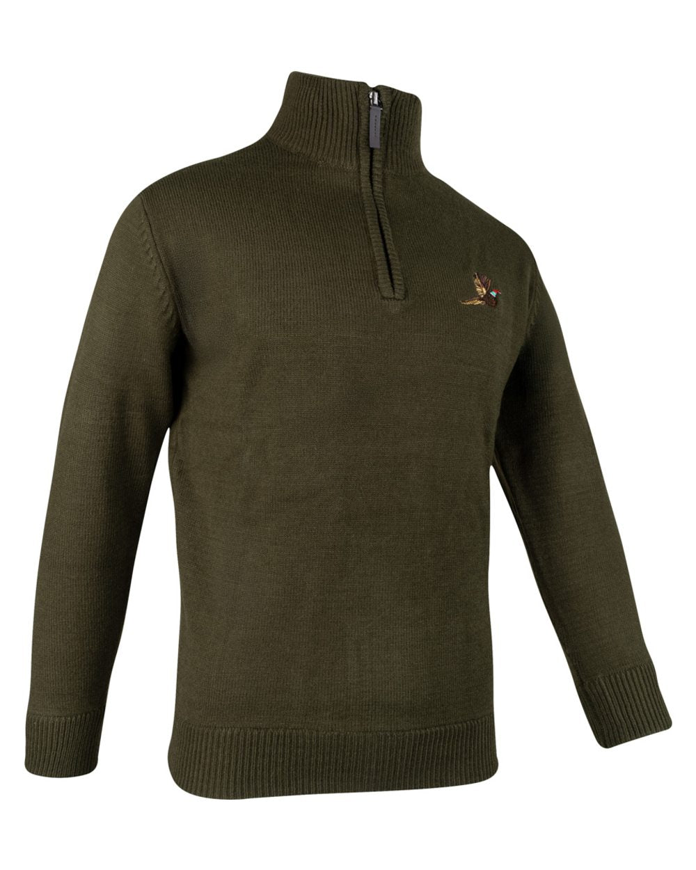 Olive Coloured Jack Pyke Mens Pheasant Zip Neck Pullover on white background 