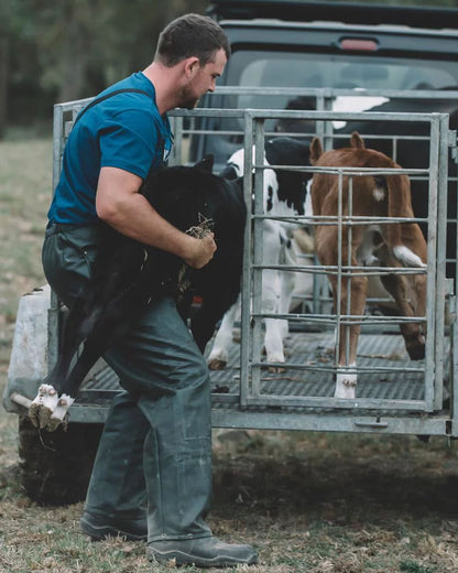 Green coloured Kaiwaka Mens Dairytex Bib Overtrousers on forest background 