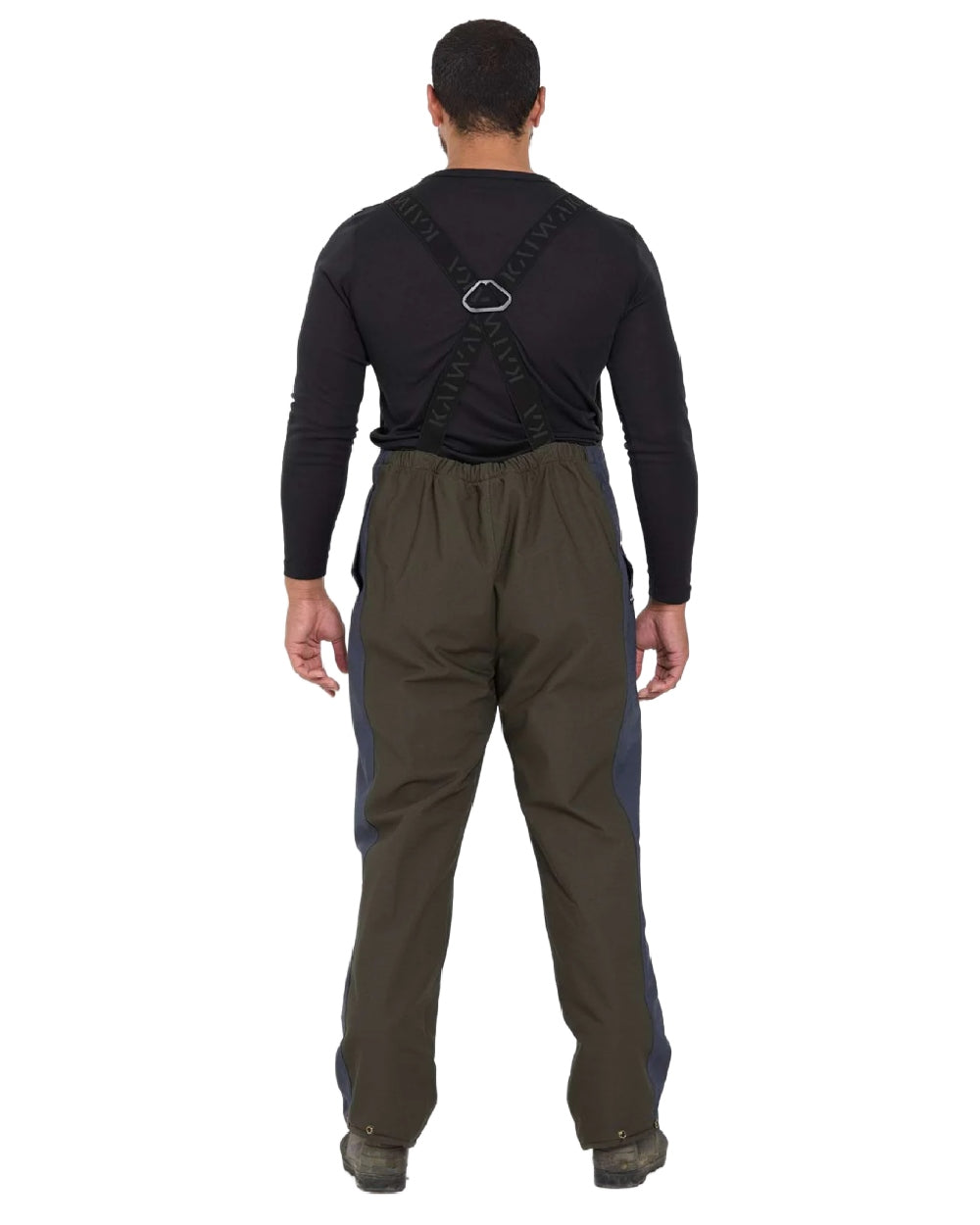 Olive coloured Kaiwaka Mens Stormforce Bib Overtrousers on white background 