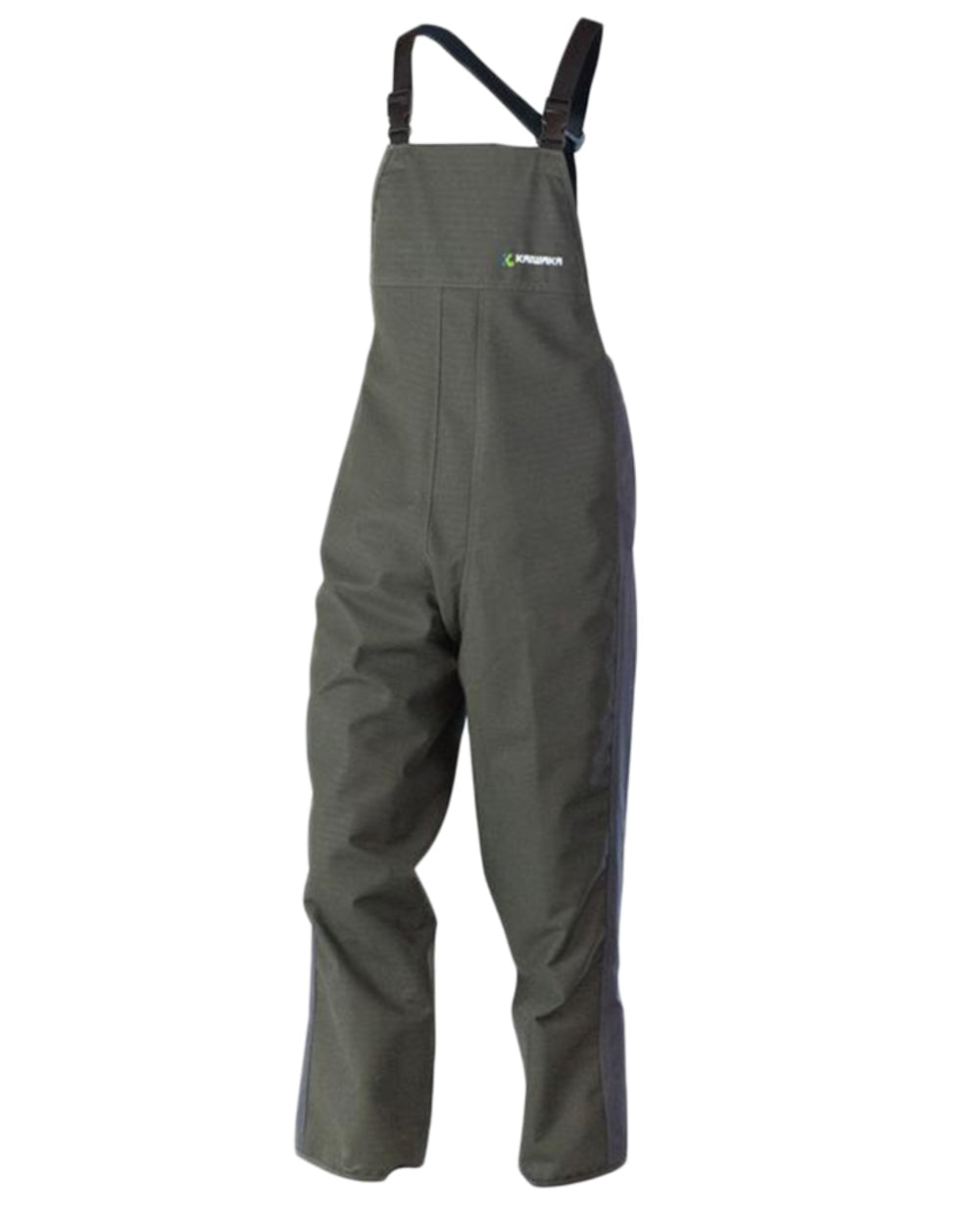 Olive coloured Kaiwaka Mens Stormforce Bib Overtrousers on white background 