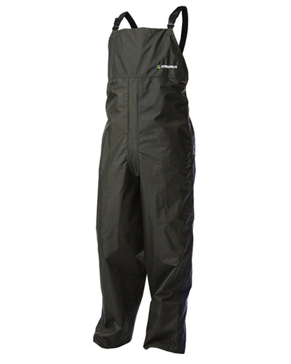 Olive coloured Kaiwaka Mens Stormforce Bib Overtrousers on white background 