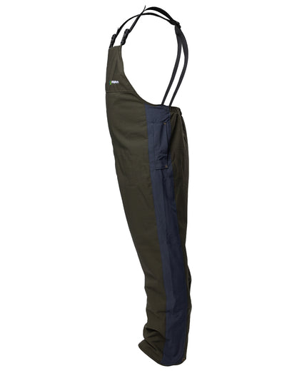 Olive coloured Kaiwaka Mens Stormforce Bib Overtrousers on white background 