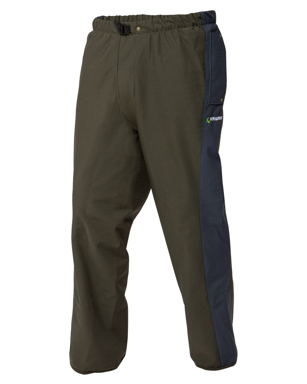 Olive coloured Kaiwaka Mens Stormforce Overtrousers on white background 