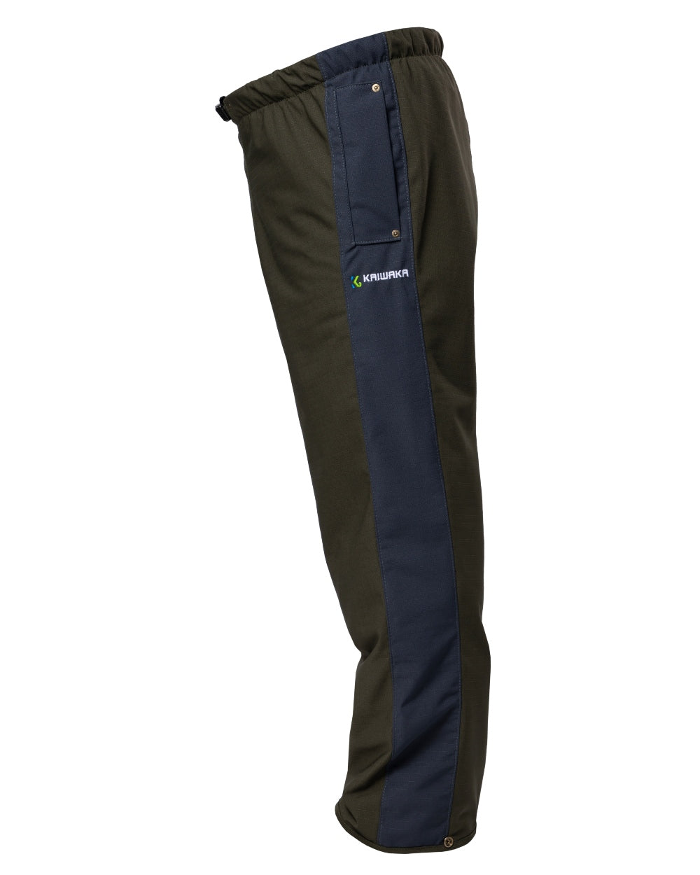 Olive coloured Kaiwaka Mens Stormforce Overtrousers on white background 