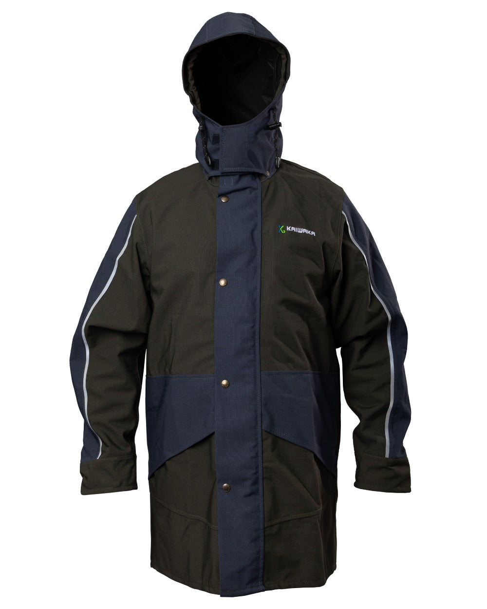 Olive coloured Kaiwaka Mens Stormforce Parka on white background 