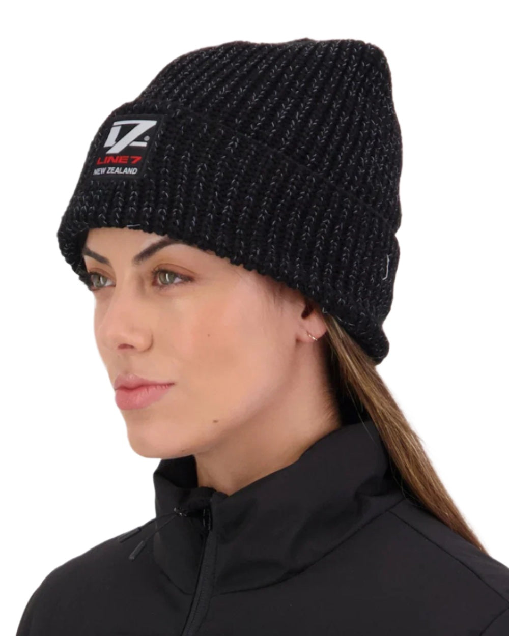 Black Silver Coloured Line 7 Reflective Beanie on white background 